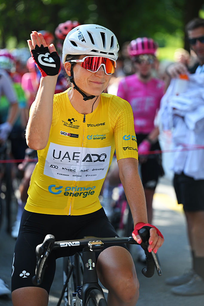 BAD RAGAZ, SWITZERLAND - JUNE 19: Elisa Longo Borghini of Italy and UAE Team ADQ - Yellow Leader Jersey prior to the 10th Tour de Suisse Women 2026, Stage 3 a 120.8km stage from Bad Ragaz to Bad Ragaz / #UCIWWT / on June 19, 2026 in Bad Ragaz, Switzerland. (Photo by Tim de Waele/Getty Images)