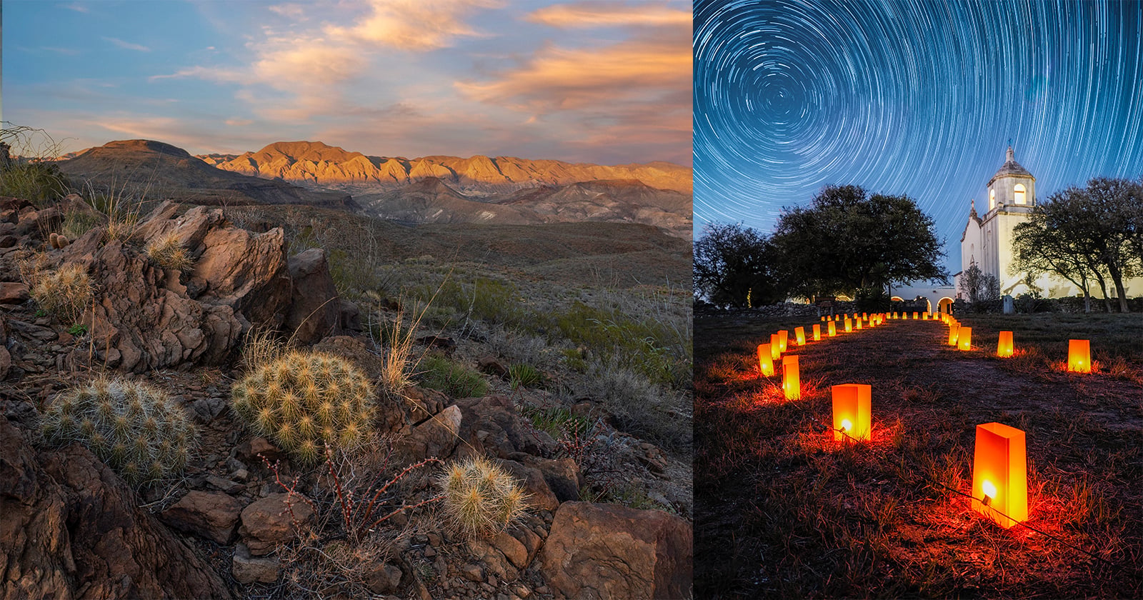The image is split: on the left, a desert landscape with mountains, rocks, and cacti under a colorful sunset sky; on the right, an illuminated path with lanterns leads to a white church at night under swirling star trails.