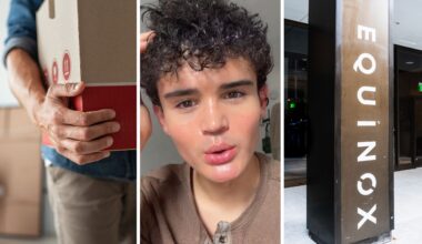 man moves out (l) man shares gym issue (c) Equinox gym entrance (r)