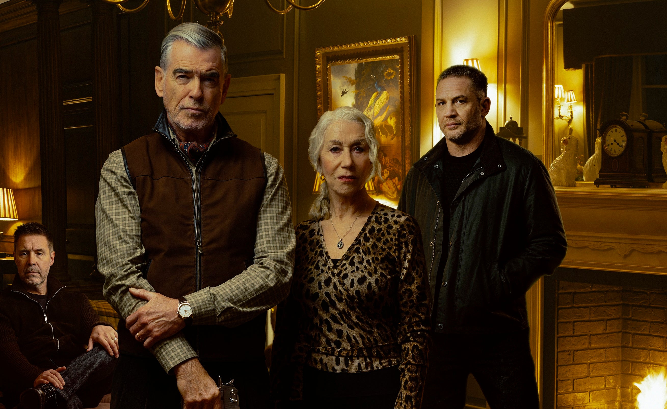 Tom Hardy (right) allegedly kept 'Mobland' co-stars Pierce Brosnan (left) and Helen Mirren (middle) waiting on set 'for hours'