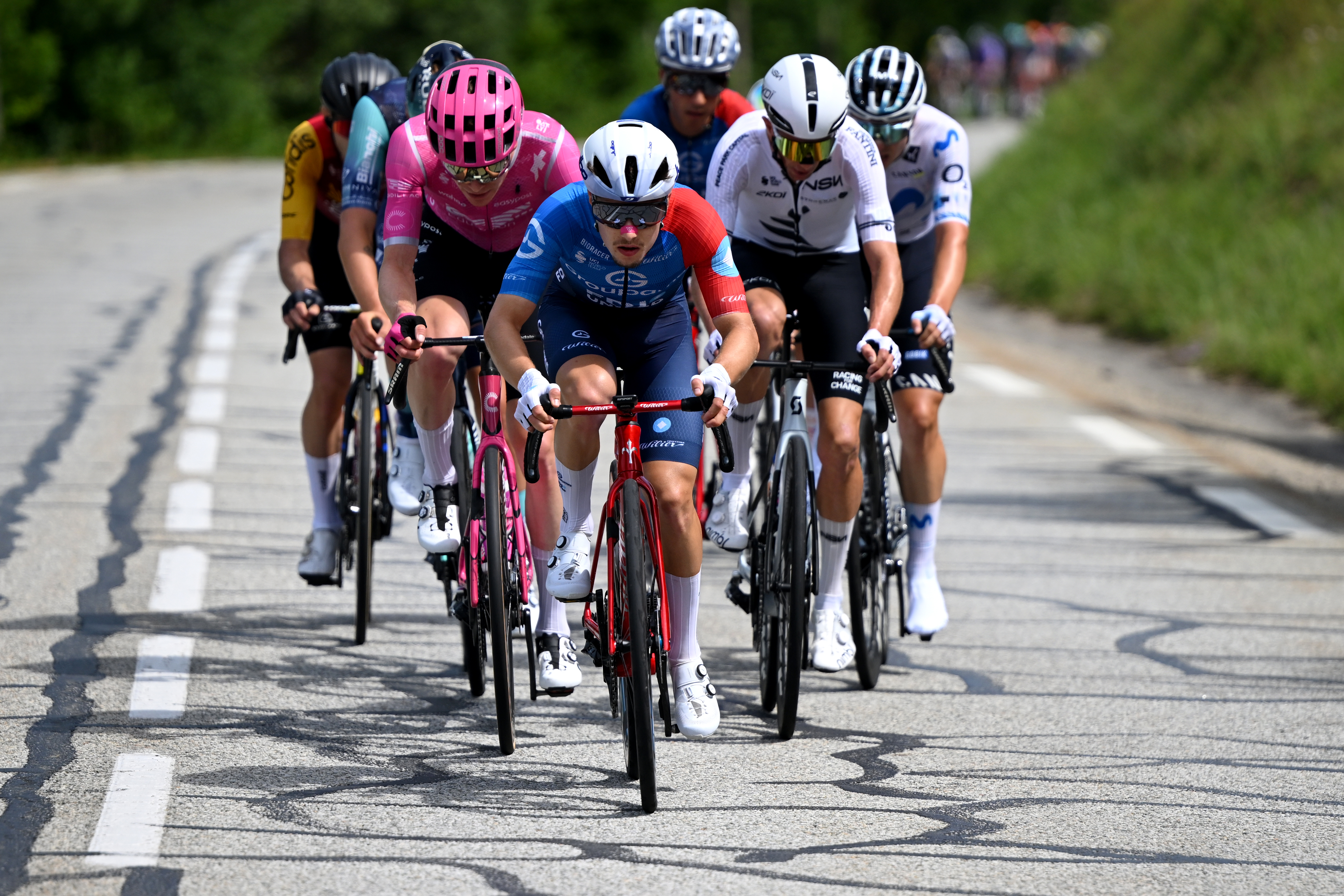 SAINT-ISMIER, FRANCE - JUNE 07: Clement Braz Afonso of France and Team Groupama - FDJ United leads the breakaway during the 78th Tour Auvergne-Rhone-Alpes 2026, Stage 1 a 146.2km stage from Vizille to Saint-Ismier / #UCIWT / on June 07, 2026 in Saint-Ismier, France. (Photo by Dario Belingheri/Getty Images)
