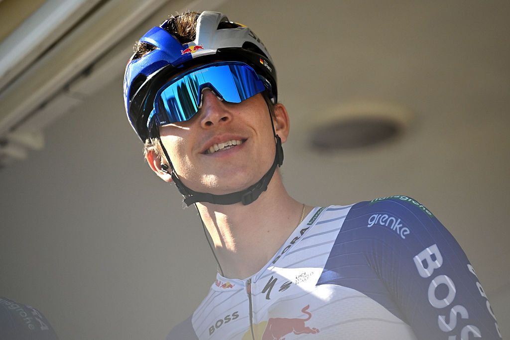 BARCELONA, SPAIN - MARCH 29: Florian Lipowitz of Germany and Team Red Bull - BORA - hansgrohe prior to the 105th Volta a Catalunya 2026, Stage 7 a 95.1km stage from Barcelona to Barcelona / #UCIWT / on March 29, 2026 in Barcelona, Spain. (Photo by Szymon Gruchalski/Getty Images)