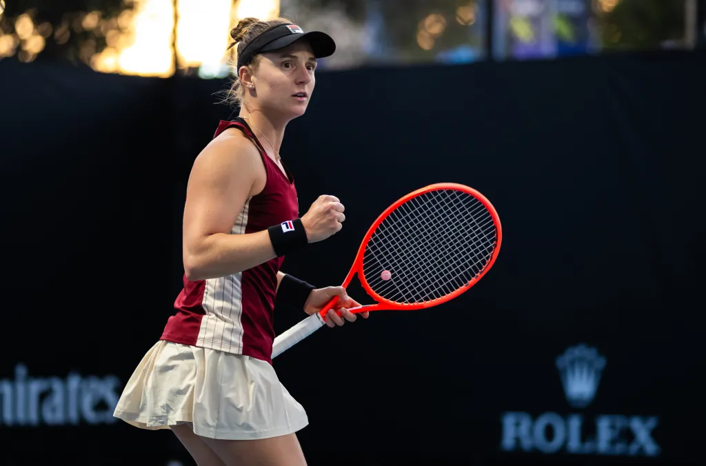 Nadia Podoroska of Argentina reacts while playing