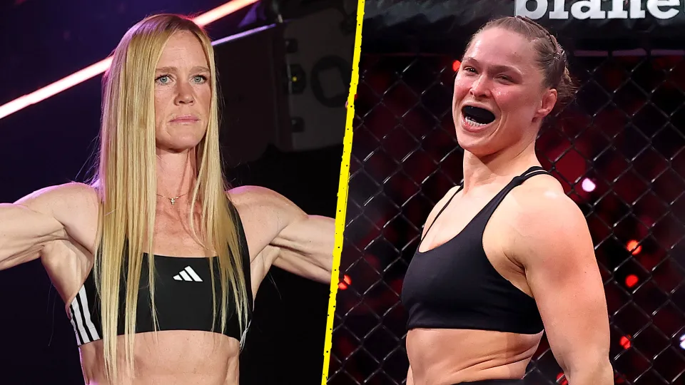 A graphic of Ronda Rousey and Holly Holm in fight gear