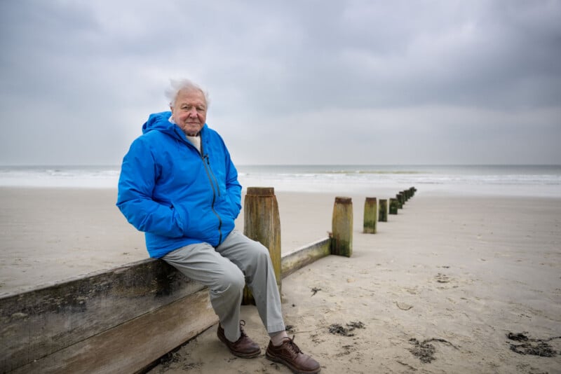 An elderly man in a blue jacket sits on a wooden barrier at a deserted beach, with cloudy skies and calm waves in the background.