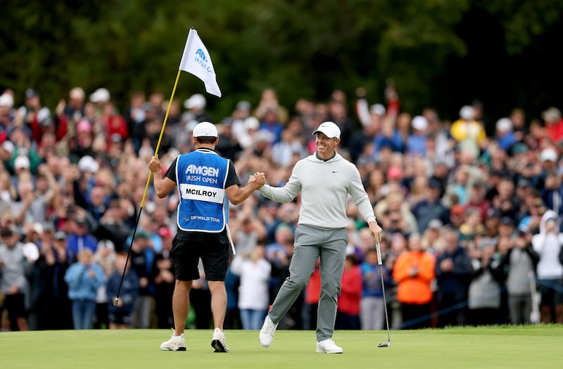 Rory McIlroy celebrates with his caddie Harry Diamond at the Amgen Irish Open 2025 at The K Club on September 07th, 2025. Photograph: Richard Heathcote/Getty Images