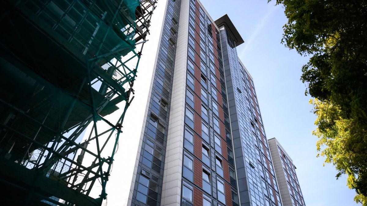 BRENTFORD, ENGLAND - OCTOBER 19: A general view of some of the student accommodation blocks within the Paragon Residential development which have been placed on a mandatory evacuation order, on October 19, 2020 in Brentford, England. Paragon is a development of six apartment blocks owned by one of London's largest housing associations, Notting Hill Genesis. A recent investigation into the exterior cladding coupled with structural and fire safety issues has led to the association asking residents of the 1059 flats to evacuate while further investigations are made. The estate was developed by Berkeley First, part of The Berkeley Group plc. (Photo by Leon Neal/Getty Images) Myra Butterworth
