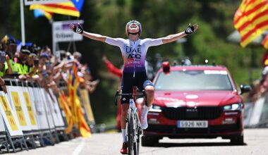 SANT VICENC DE CASTELLET, SPAIN - JUNE 20: Paula Blasi of Spain and UAE Team ADQ celebrates at finish line as stage winner during the 5th Volta Ciclista a Catalunya Femenina 2026, Stage 2 a 130km stage from Sant Vicenc de Castellet to La Molina 1691m on June 20, 2026 in Sant Vicenc de Castellet, Spain. (Photo by Szymon Gruchalski/Getty Images)