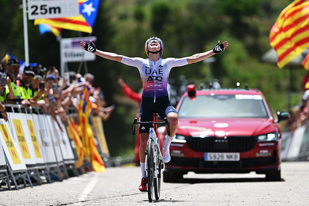 SANT VICENC DE CASTELLET, SPAIN - JUNE 20: Paula Blasi of Spain and UAE Team ADQ celebrates at finish line as stage winner during the 5th Volta Ciclista a Catalunya Femenina 2026, Stage 2 a 130km stage from Sant Vicenc de Castellet to La Molina 1691m on June 20, 2026 in Sant Vicenc de Castellet, Spain. (Photo by Szymon Gruchalski/Getty Images)