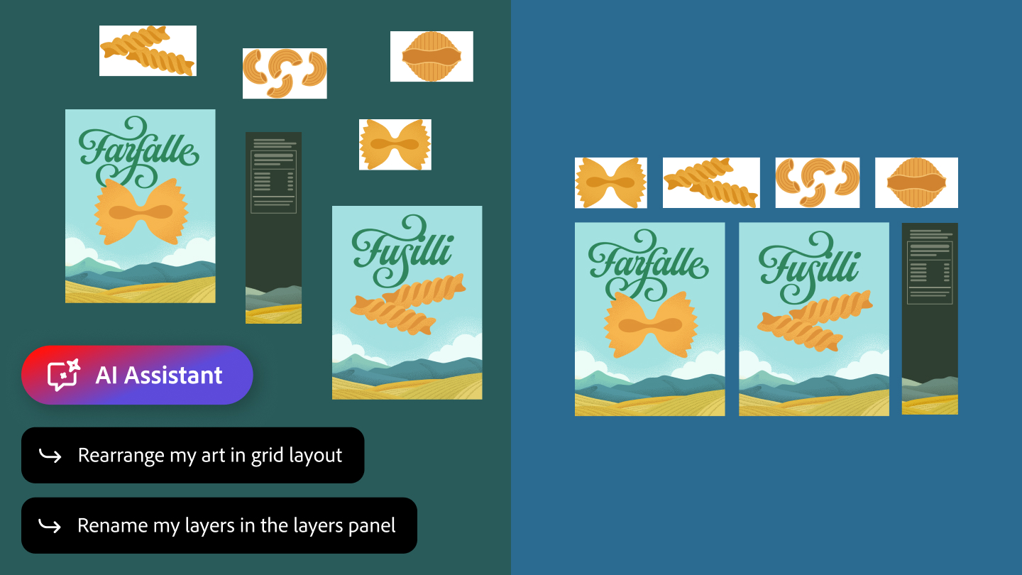 A before-and-after view of an Illustrator artboard showing scattered pasta packaging assets and individual pasta shapes on the left reorganised into a neat grid on the right after AI Assistant prompts to rearrange and rename layers.