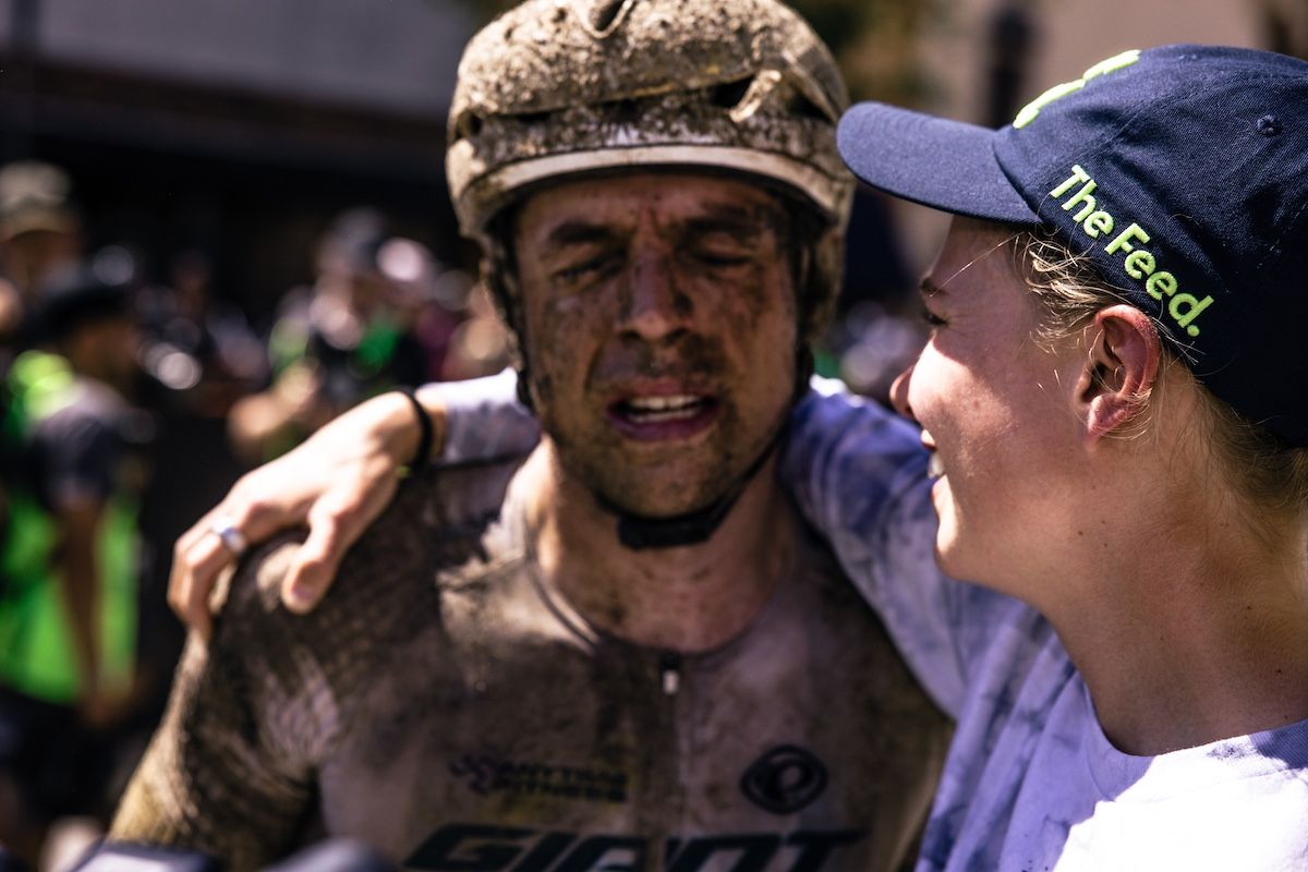 Brendan Johnston (Giant) covered in mud and with grit in the eyes after finishing a gruelling 2026 edition of Unbound 200 in fourth place