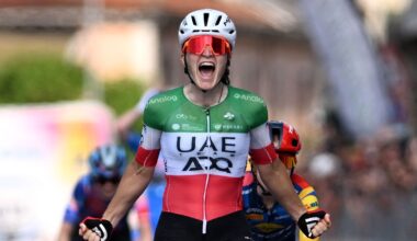 SALUZZO, ITALY - JUNE 07: Elisa Longo Borghini of Italy and UAE Team ADQ celebrates at finish line as stage winner during the 37th Giro d'Italia Women 2026 - Stage 9 a 145km stage from Saluzzo to Saluzzo / #UCIWWT / on June 07, 2026 in Saluzzo, Italy. (Photo by Luc Claessen/Getty Images)