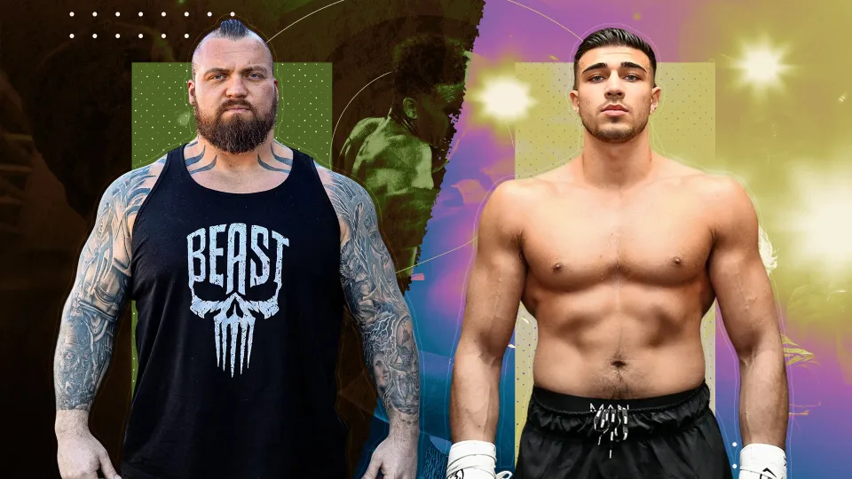 A graphic of Eddie Hall, left, and Tommy Fury, right, poising ahead of their Misfits Boxing clash