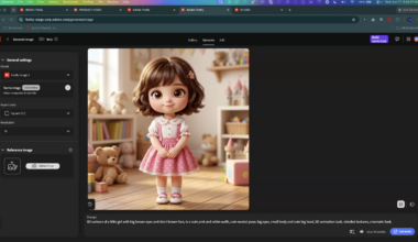 A screenshot of Adobe Firefly's image generation interface showing the completed 3D-animated character Carla, a brown-haired girl in a pink dress, generated from a detailed text prompt using Firefly Image 5.