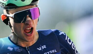 Paul Seixas celebrates as he crosses the finish line to win La Fleche Wallonne
