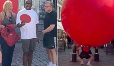 Rob Beckett, Josie Gibson and Kiell Smith-Bynoe push giant red ball through Canterbury city centre for TV show
