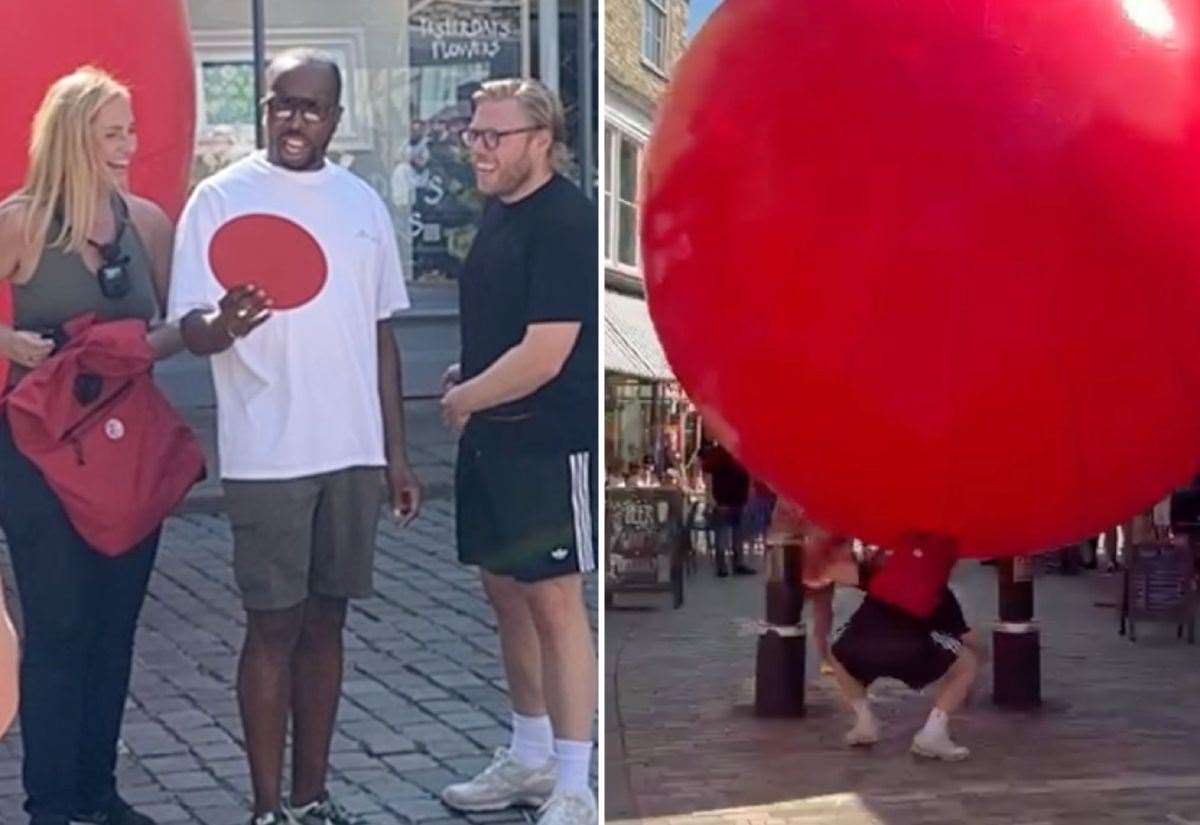Rob Beckett, Josie Gibson and Kiell Smith-Bynoe push giant red ball through Canterbury city centre for TV show