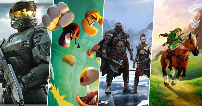 Video game collage of characters from Halo Rayman God of War and Legend of Zelda