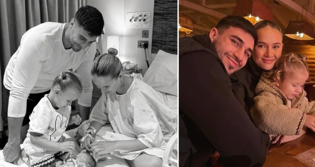 A split image of Molly Mae and Tommy with their children.
