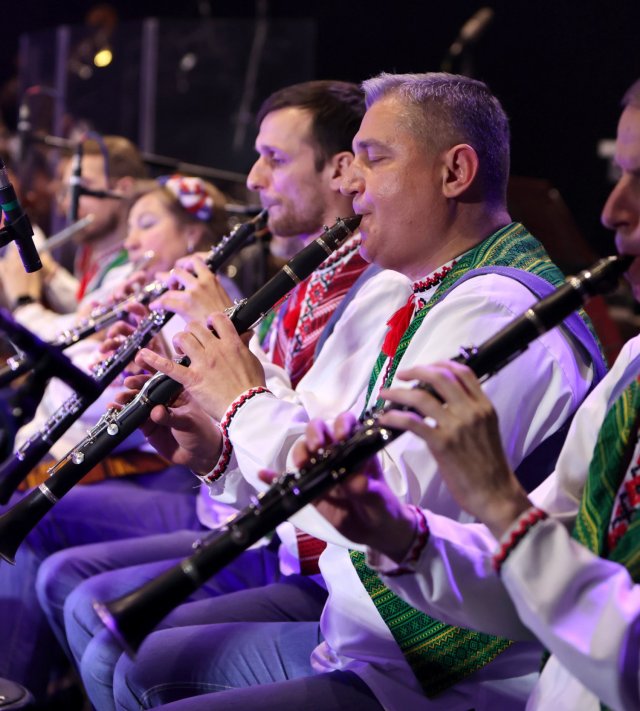 IVANO-FRANKIVSK, UKRAINE - NOVEMBER 13, 2022 - Musicians of the NAONI Orchestra (National Academic Orchestra of Folk Instruments of Ukraine) hold a concert at the Ivan Franko Academic Regional Ukrainian Music and Drama Theatre in Ivano-Frankivsk, western Ukraine. (Photo credit should read Yurii Rylchuk / Ukrinform/Future Publishing via Getty Images)