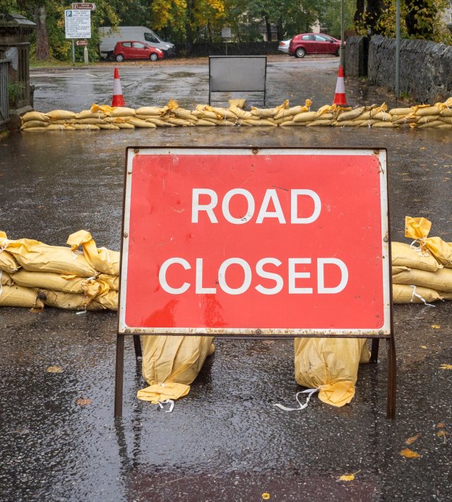 Sand bags and road closures in place in Kingussie near Aviemore. Those in the north of Scotland have been warned there is still a 