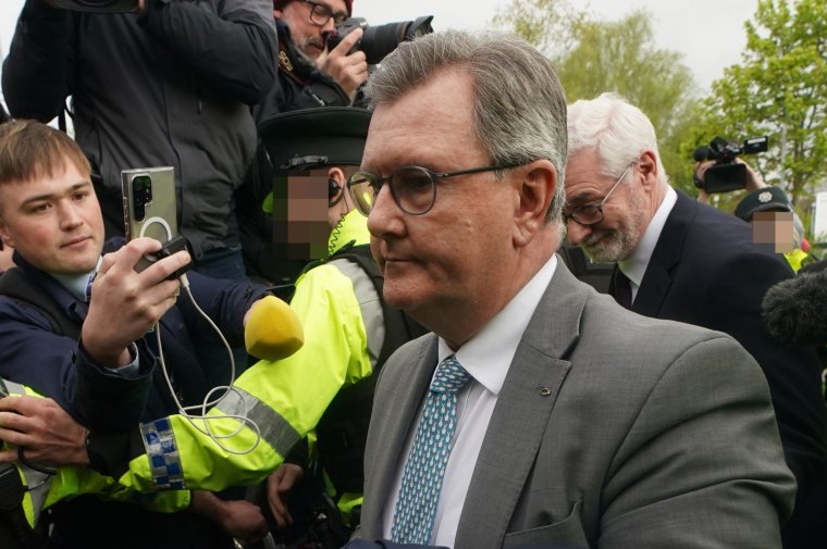 EDITORS NOTE IMAGE PIXELLATED BY THE PA PICTURE DESK FOR THE PROTECTION OF OFFICERS OF THE PSNI Former DUP leader Sir Jeffrey Donaldson with his solicitor John McBurney arrives at Newry Magistrates' Court, where he is charged with several historical sexual offences. Sir Jeffrey resigned as DUP leader and was suspended from the party following the charges. Picture date: Wednesday April 24, 2024. PA Photo. See PA story ULSTER Donaldson. Photo credit should read: Brian Lawless/PA Wire