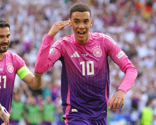 STUTTGART, GERMANY - JUNE 19: Jamal Musiala of Germany celebrates his teams first goal during the UEFA EURO 2024 group stage match between Germany and Hungary at Stuttgart Arena on June 19, 2024 in Stuttgart, Germany.(Photo by Sebastian El-Saqqa - firo sportphoto/Getty Images)