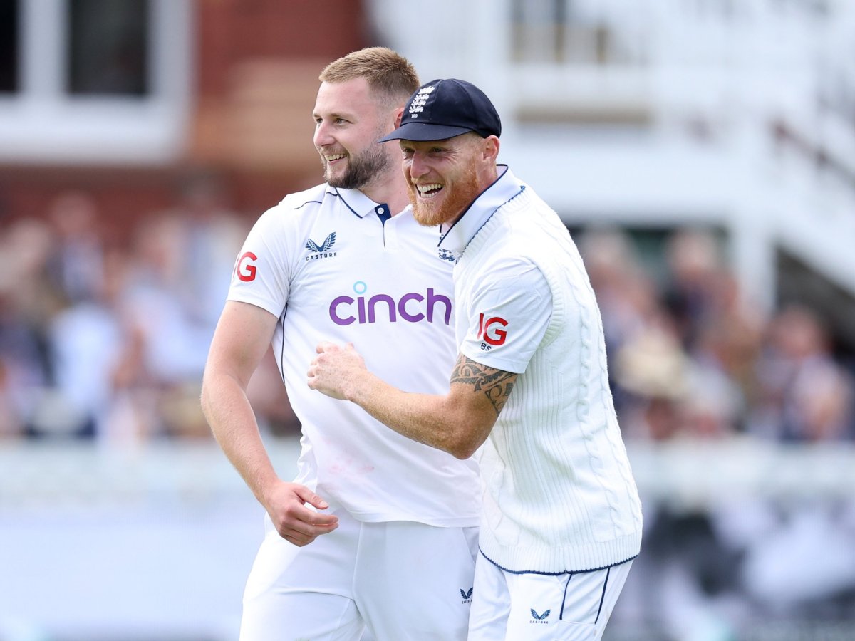 LONDON, ENGLAND - JULY 10: Gus Atkinson of England celebrates with Ben Stokes after taking the wicket of Shamar Joseph of West Indies during Day One of the 1st Rothesay Test Match between England and West Indies at Lord's Cricket Ground on July 10, 2024 in London, England. (Photo by Alex Davidson/Getty Images)