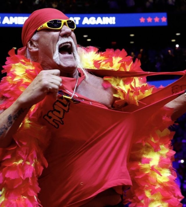 NEW YORK, NEW YORK - OCTOBER 27: Hulk Hogan takes the stage during a campaign rally for Republican presidential nominee, former U.S. President Donald Trump at Madison Square Garden on October 27, 2024 in New York City. Trump closed out his weekend of campaigning in New York City with a guest list of speakers that includes his running mate Republican Vice Presidential nominee, U.S. Sen. J.D. Vance (R-OH), Tesla CEO Elon Musk, UFC CEO Dana White, and House Speaker Mike Johnson, among others, nine days before Election Day. (Photo by Anna Moneymaker/Getty Images) ***BESTPIX***
