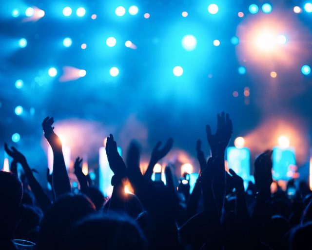 Party people enjoy concert at festival. Crowd at concert. Summer music festival