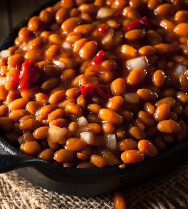 Homemade Barbecue Baked Beans in a Black Skillet