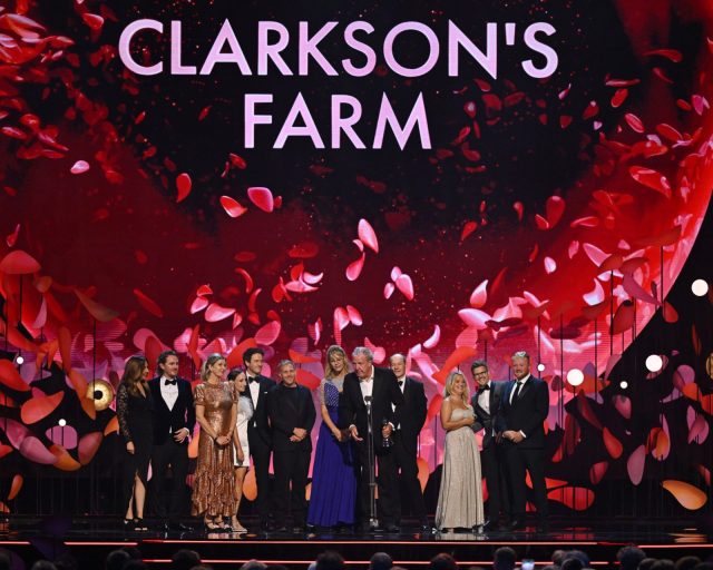 LONDON, ENGLAND - SEPTEMBER 10: (EXCLUSIVE COVERAGE) Kit Lynch Robinson, Lisa Hogan, Jeremy Clarkson and Harriet Cowan accept the 'Factual Entertainment' Award for 'Clarkson's Farm' during the NTA's 2025 at The O2 Arena on September 10, 2025 in London, England. (Photo by Jeff Spicer/Getty Images for the NTA's)