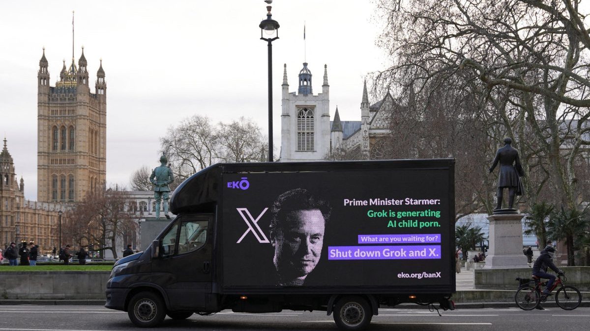 A billboard organised by corporate accountability group Eko passes through Westminster urging the Prime Minister to stand up to Elon Musk and ban X and Grok, in London, Britain, January 14, 2026. The advert refers to widely reported incidents in which X???s built???in AI tool, Grok, generated sexualised images of minors after user prompts. Regulators in the UK, EU and several other jurisdictions have opened investigations into the matter. Grok's developer xAI, X's parent company, has put in place restrictions that allow only paid subscribers to use image generation and editing features on the platform. REUTERS/Maja Smiejkowska