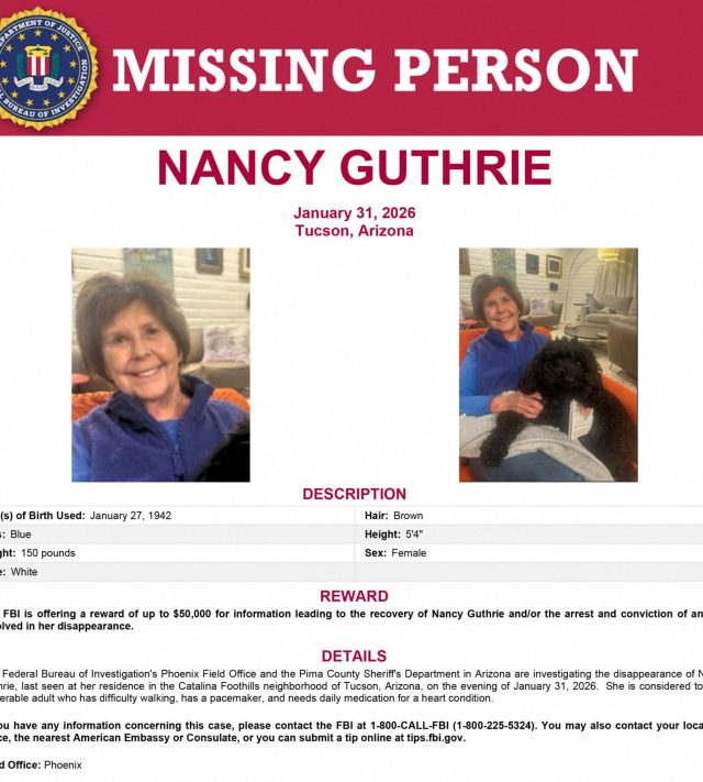 This image released by the Federal Bureau of Investigation (FBI) on February 5, 2026 shows the Missing Person Poster for Nancy Guthrie, mother of NBC News 