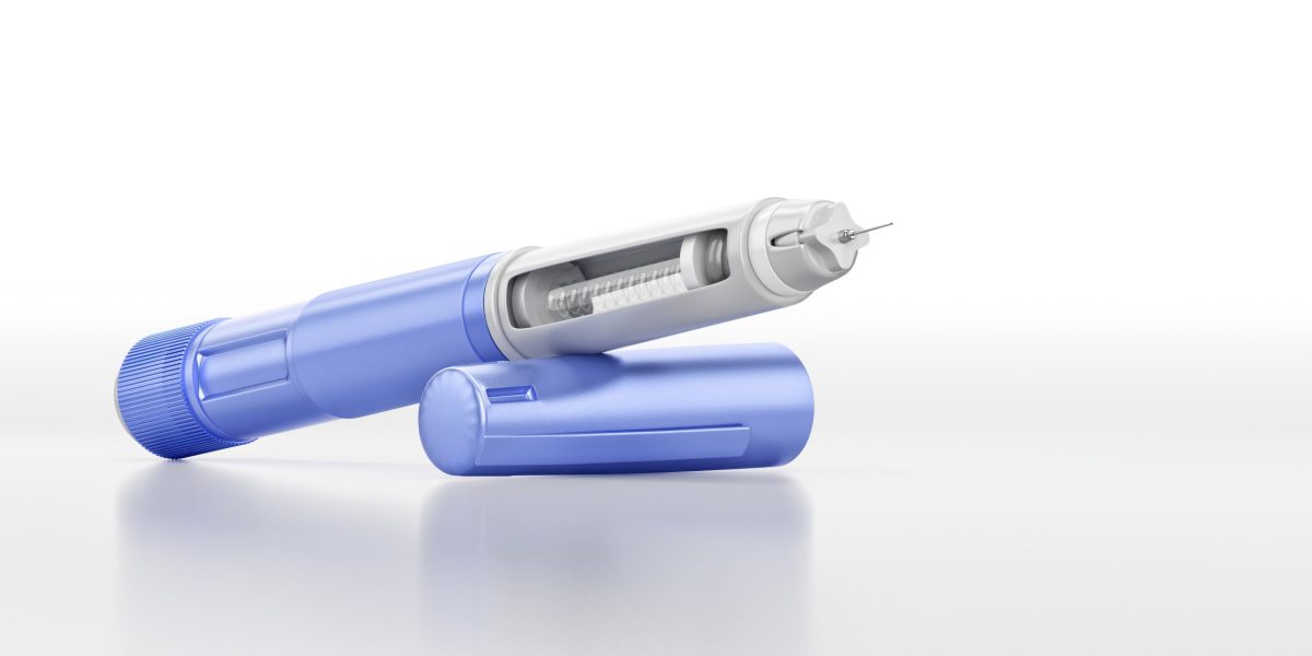 Sterile insulin pen. Ozempic, semaglutide, wegovy medical device. Diabetes, obesity treatment. Portable injection system, precision needle, ergonomic design. Pharmaceutical industry, healthcare 3D
