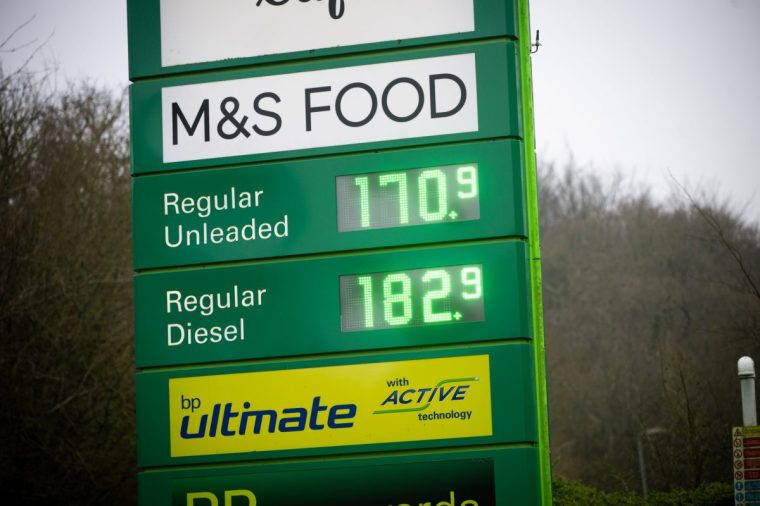 WINCHESTER, ENGLAND - MARCH 09: Petrol pump fuel prices are displayed on a BP station forecourt at Winchester Services on the M3, on March 09, 2026 in Winchester, United Kingdom. Global oil prices have risen to their highest levels since 2022 following an escalation of the US-Israel war with Iran. Brent crude, the international benchmark, surged past the $100 overnight, before retracing to around $102 at time of picture. (Photo by Finnbarr Webster/Getty Images)