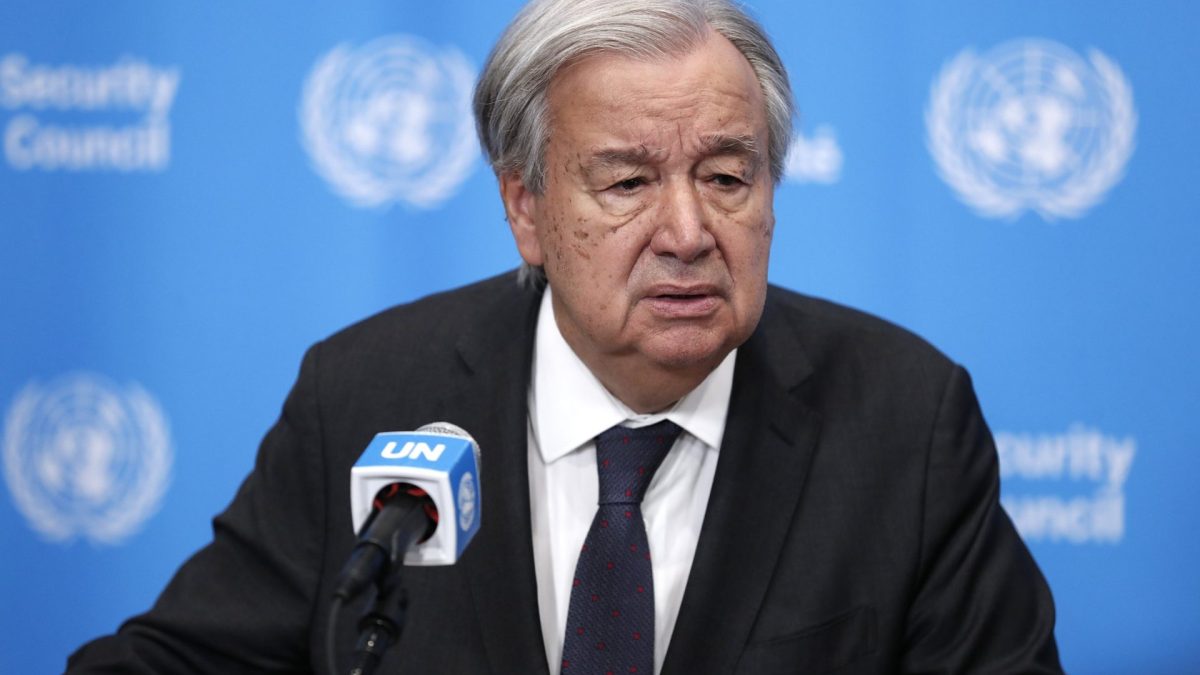 NEW YORK, NEW YORK - APRIL 14: UN Secretary General Antonio Guterres holds a press conference about the escalating war between the US/ Israel and Iran at the United Nations Headquarters on April 14, 2026 in New York City. Guterres warned that death and destruction must end to prevent drawing the rest of the Middle East into a regional conflict and furthering the economic crisis. (Photo by John Lamparski/Getty Images)