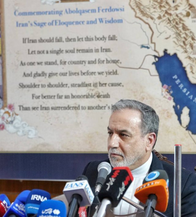 NEW DELHI, INDIA - MAY 15: (----EDITORIAL USE ONLY - MANDATORY CREDIT - 'IRANIAN FOREIGN MINISTRY' / HANDOUT' - NO MARKETING NO ADVERTISING CAMPAIGNS - DISTRIBUTED AS A SERVICE TO CLIENTS----) Iranian Foreign Minister Abbas Araghchi speaks during a press conference on the second day of the BRICS Foreign Ministers' Meeting held in New Delhi, India, on May 15, 2026. (Photo by Iranian Foreign Ministry / Handout/Anadolu via Getty Images)