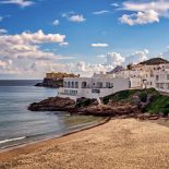 View of the Mediterranean beach and village of San Jose in Cabo de Gata Natural park in southern Spain.