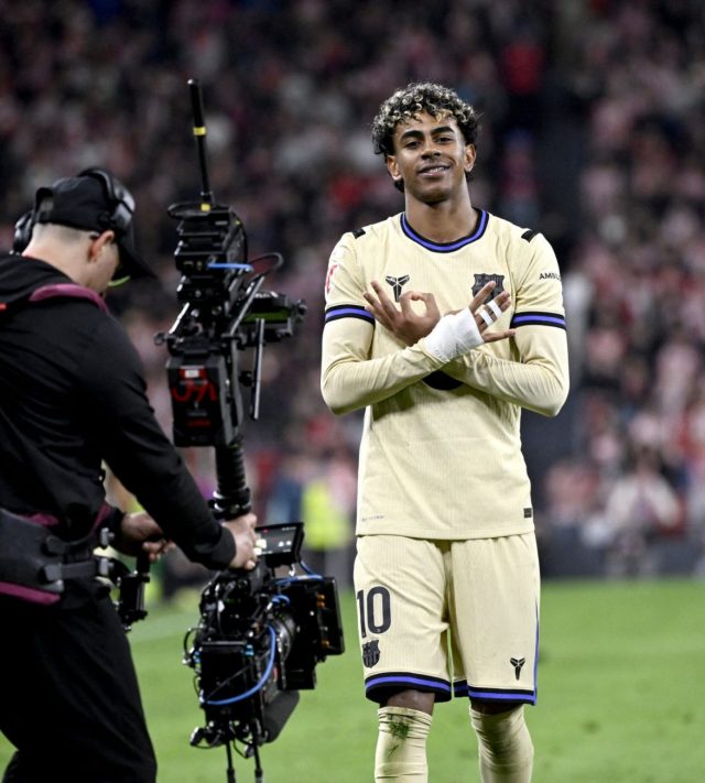 (FILES) Barcelona's Spanish forward #10 Lamine Yamal celebrates scoring his team's first goal during the Spanish league football match between Athletic Club Bilbao and FC Barcelona at San Mames Stadium in Bilbao on March 7, 2026. Spanish coach Luis de la Fuente was convinced on May 26, 2026 that the next World Cup "is the moment" for the teenage phenomenon Lamine Yamal, AFP reports. (Photo by ANDER GILLENEA / AFP via Getty Images)