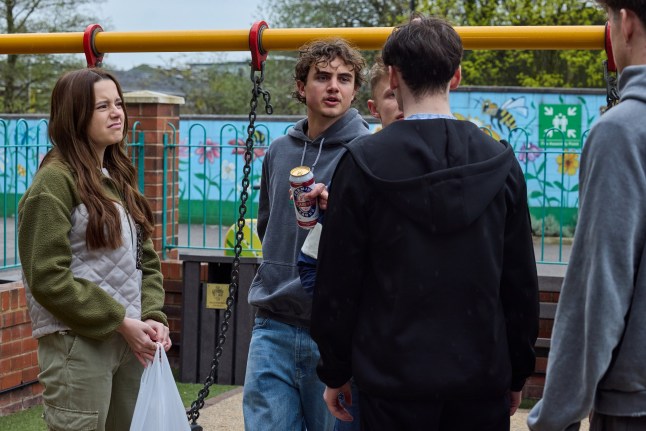 FROM ITV STRICT EMBARGO - No Use Before Tuesday 9th June 2026 Coronation Street - Ep 11879 Monday 15th June 2026 Brody Michaelis [RYAN MULVEY], Dylan Wilson [LIAM MCCHEYENE] and Betsy Swain [SYNDEY MARTIN] head to the precinct but when three rough lads approach and demand they hand over the cans they???ve bought, Brody orders Dylan and Betsy to scarper whilst he sprints in the opposite direction with the lads going after him. Picture contact - David.crook@itv.com Photographer - Danielle Baguley This photograph is (C) ITV and can only be reproduced for editorial purposes directly in connection with the programme or event mentioned above, or ITV plc. This photograph must not be manipulated [excluding basic cropping] in a manner which alters the visual appearance of the person photographed deemed detrimental or inappropriate by ITV plc Picture Desk. This photograph must not be syndicated to any other company, publication or website, or permanently archived, without the express written permission of ITV Picture Desk. Full Terms and conditions are available on the website www.itv.com/presscentre/itvpictures/terms