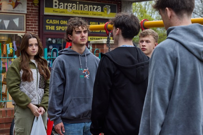 Betsy Swain, Brody Michaelis and Dylan Wilson confronted by thugs at the precinct