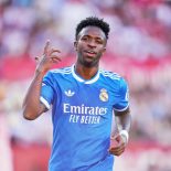 Vinicius Junior left winger of Real Madrid and Brazil celebrates after scoring his sides first goal during the LaLiga EA Sports match between Sevilla FC and Real Madrid CF at Estadio Ramon Sanchez Pizjuan on May 17, 2026 in Seville, Spain. (Photo by Jose Breton/Pics Action/NurPhoto via Getty Images)