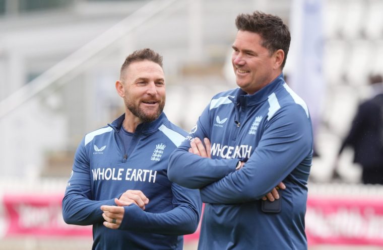 England head coach Brendon McCullum and Marcus North during a nets session at Lord's, London. Picture date: Wednesday June 3, 2026. PA Photo. Photo credit should read: Ben Whitley/PA Wire. RESTRICTIONS: Editorial use only. No commercial use without prior written consent of the ECB. Still image use only. No moving images to emulate broadcast. No removing or obscuring of sponsor logos.