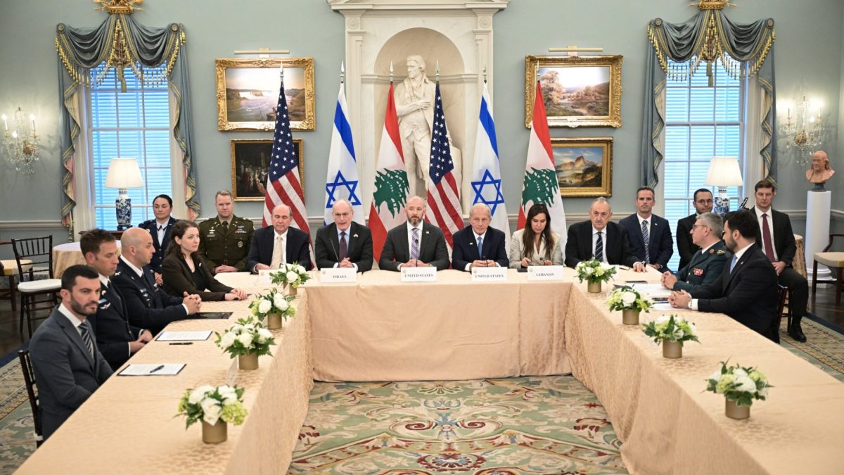 TOPSHOT - (2L/R) Israel's Ambassador to the US Yechiel Leiter, State Department Chief of Staff Daniel Holler, US Ambassador to Lebanon Michel Issa and Lebanese Ambassador to the US Nada Hamadeh attend a meeting between Israeli and Lebanese delegations hosted by the United States at the State Department in Washington, DC, on June 3, 2026. Israel and Lebanon agreed Wednesday to implement a ceasefire but said it would require a "complete cessation" of fire by Iran-backed Hezbollah, according to a joint statement after US-led talks in Washington. The two sides, which do not have formal diplomatic relations, also agreed to create "pilot zones" in which the Lebanese armed forces "will take exclusive control of the territory to the exclusion of all non-state actors." (Photo by Oliver Contreras / AFP via Getty Images)