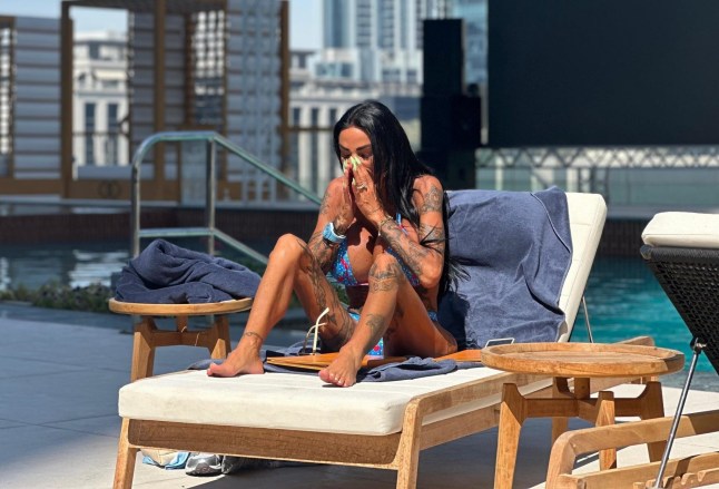 BGUK_3600866 - *PREMIUM-EXCLUSIVE* DUBAI, UNITED ARAB EMIRATES MUST CALL FOR PRICING BEFORE USAGE - Former Glamour model and reality TV star Katie Price looks carefree as she soaked up the sunshine in Dubai. The model was seen wearing a striking blue cherry-print bikini while enjoying some downtime in the UAE. The television personality appeared in good spirits as she lounged poolside, topping up her tan and taking a break from the ongoing personal drama that has recently dominated headlines. Katie's return to Dubai comes shortly after she publicly broke her silence over a deeply personal relationship situation, revealing details of an emotional and desperate effort to help free her husband, Lee Andrews from Dubai. Speaking candidly, the star described a whirlwind trip involving visits to a court, jail and police station as she attempted to secure his release, sharing the stress and uncertainty she faced during the ordeal. The latest getaway also arrives amid growing speculation surrounding the couple's relationship. Recent reports have highlighted a mystery after Lee Andrews reportedly unfollowed Katie on Instagram, sparking widespread discussion among fans and followers. The social media development comes as Katie herself has recently returned to the platform following a ban, placing the pair's online activity firmly under the spotlight. Despite the ongoing rumours and media attention, Katie appeared determined to enjoy a moment of relaxation under the Dubai sun, cutting a glamorous figure in her eye-catching swimwear as she unwound by the pool. With questions continuing to swirl around her personal life, the star's latest appearance is sure to keep fans talking as they await further updates on both her relationship status and the circumstances surrounding the recent headlines. Pictured: Katie Price - Jordan BACKGRID UK 3 JUNE 2026 UK: +44 208 344 2007 / uksales@backgrid.com USA: +1 310 798 9111 / usasales@backgrid.com *Pictures Containing Children Please Pixelate Face Prior To Publication*
