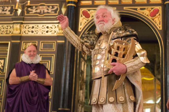 London, UK. 14 March 2015. Pictured: Phil Whitchurch as Armostes and Patrick Godfrey as Amyclas. Photocall for the play