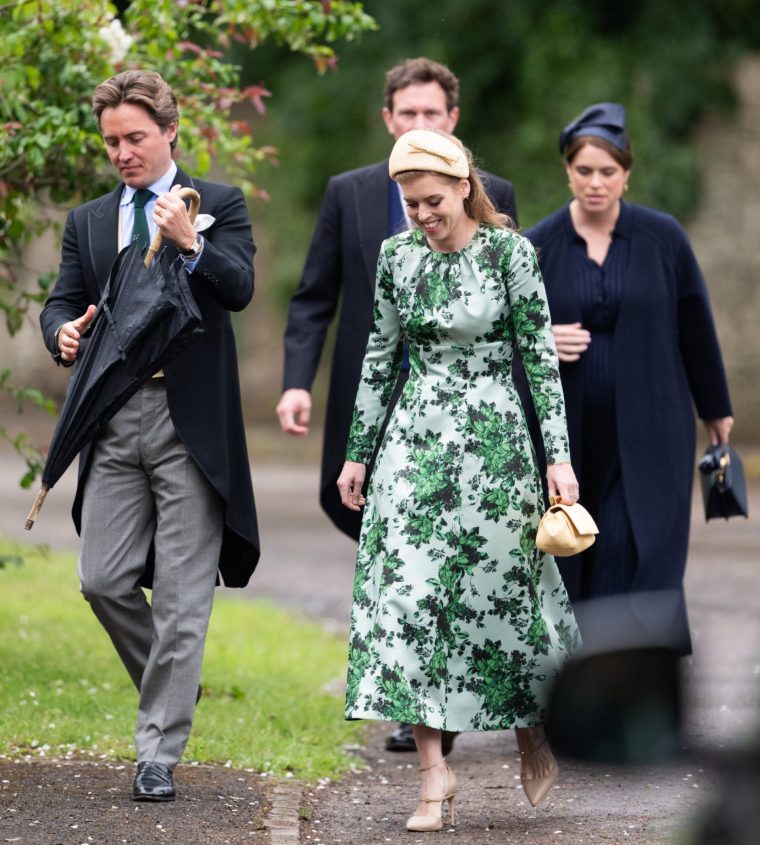 KEMBLE, ENGLAND - JUNE 06: Edoardo Mapelli Mozzi, Jack Brooksbank, Princess Eugenie of York and Princess Beatrice of York arrive for the Royal wedding of Peter Phillips and Harriet Sperling at All Saints Church on June 06, 2026 in Kemble, England. Peter Phillips, the son of Princess Anne, Princess Royal and eldest grandchild of Queen Elizabeth II, will marry NHS Nurse and writer Harriet Sperling during a ceremony at All Saints' Church in Kemble today. (Photo by Samir Hussein/WireImage)