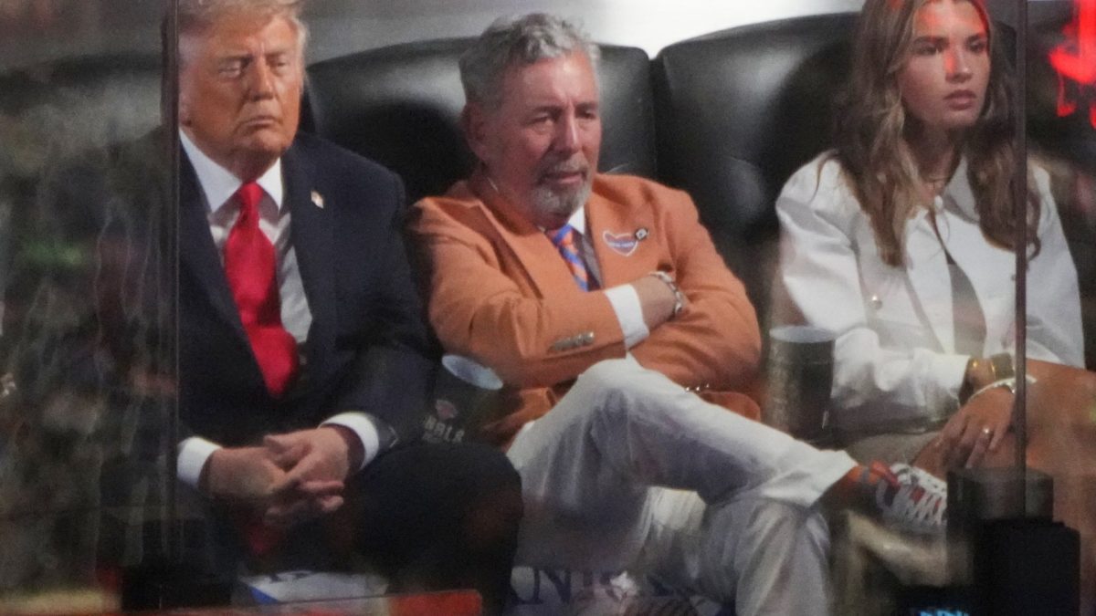 President Donald Trump watches Game 3 of the NBA Finals basketball series between the New York Knicks and the San Antonio Spurs at Madison Square Garden in New York, Monday, June 8, 2026, with Knicks owner James Dolan and Kai Trump. (AP Photo/Mark Schiefelbein)