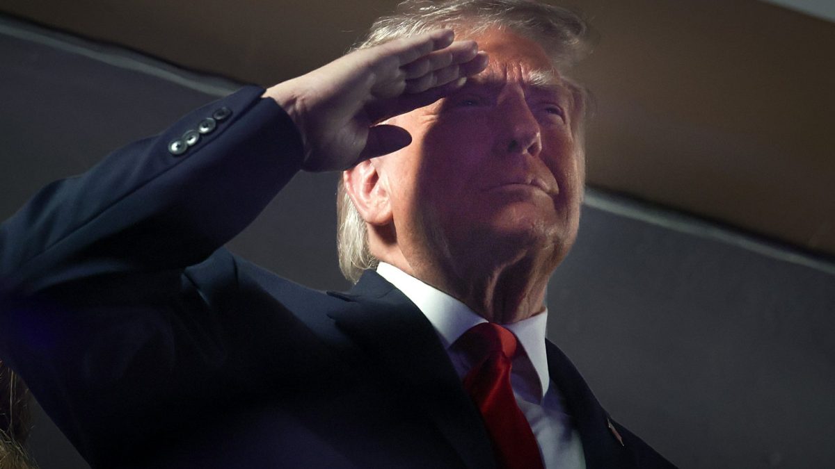 NEW YORK, NEW YORK - JUNE 08: U.S. President Donald Trump listens to the national anthem before the start of game 3 of the NBA Finals between New York Knicks and San Antonio Spurs at Madison Square Garden on June 8, 2026 in New York City. Fans attending the game have expressed frustration at the heightened security measures put in place for the President???s attendance. (Photo by Samuel Corum/Getty Images) ***BESTPIX***